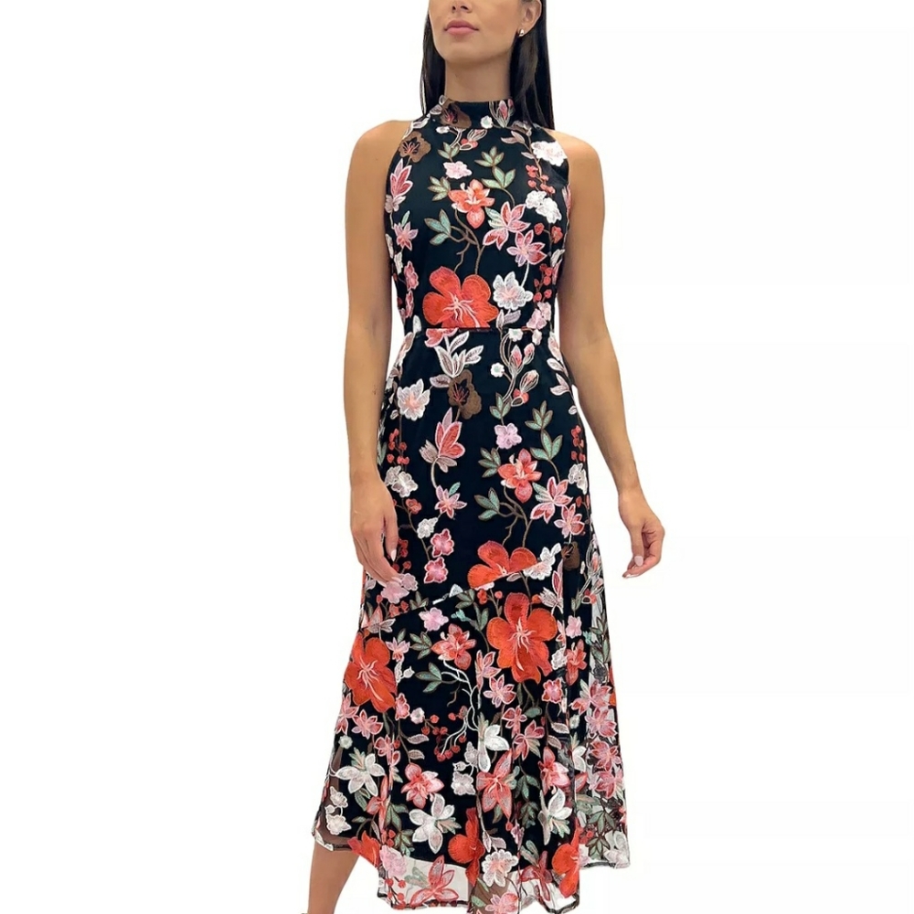 Sam Edelman Hibiscus Black Embroidered Floral Midi Dress size 14 New with Tags